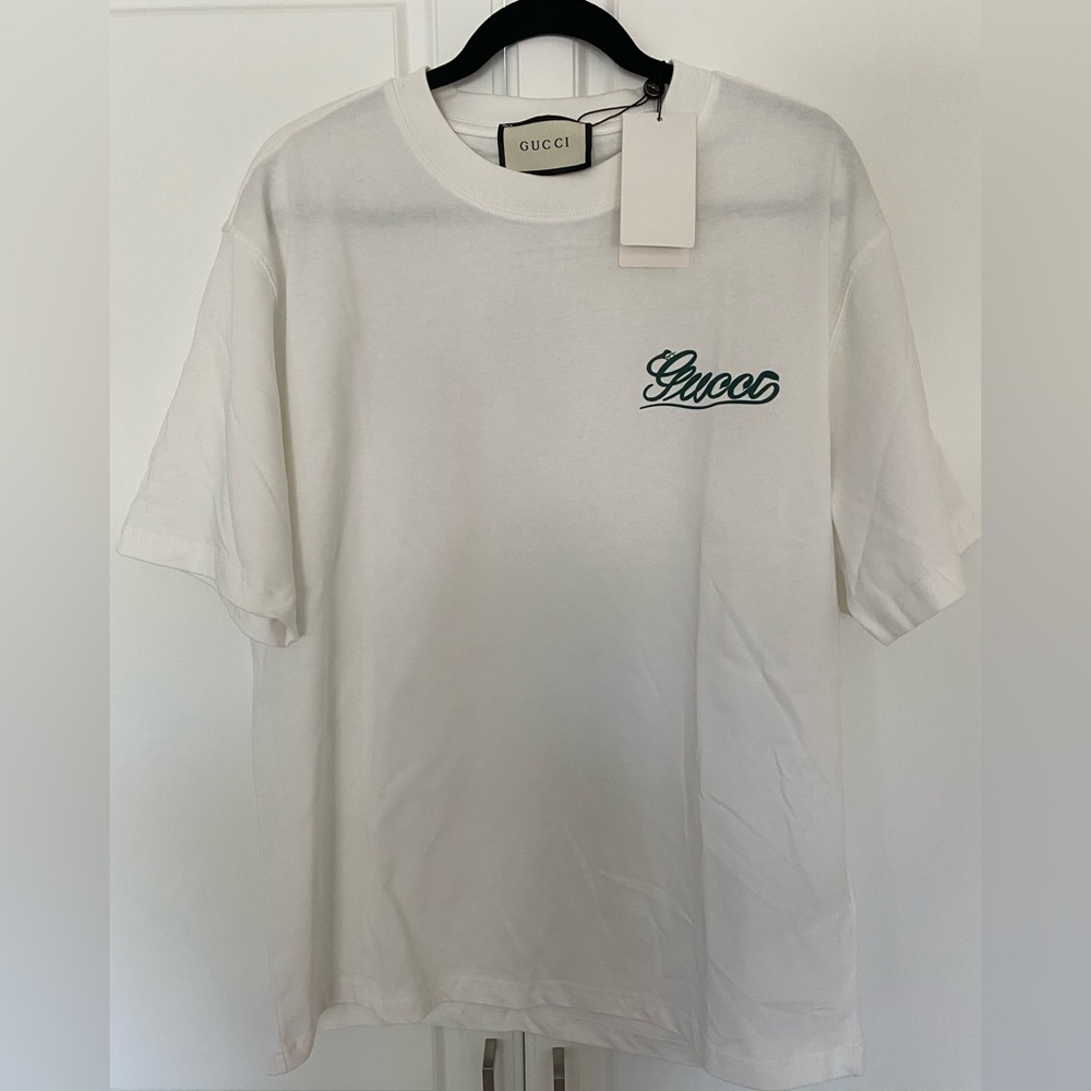 Gucci White Short-Sleeve Tee with Front Green Script Logo and Back Design